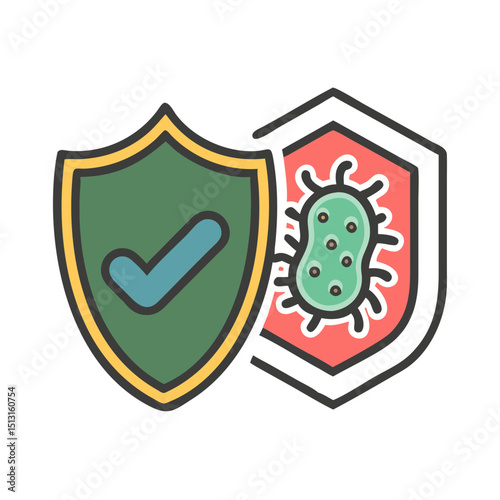 Antimicrobial surface layer with shield and microbe icon, hygienic material label
