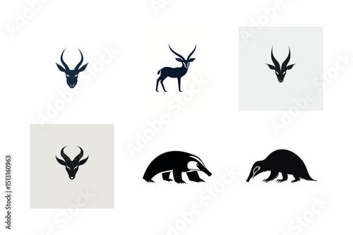African antelope and aardvark silhouettes logo set