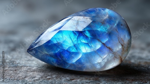 Smooth moonstone on a soft gray surface, milky blue adularescence, elegant gem still life photo