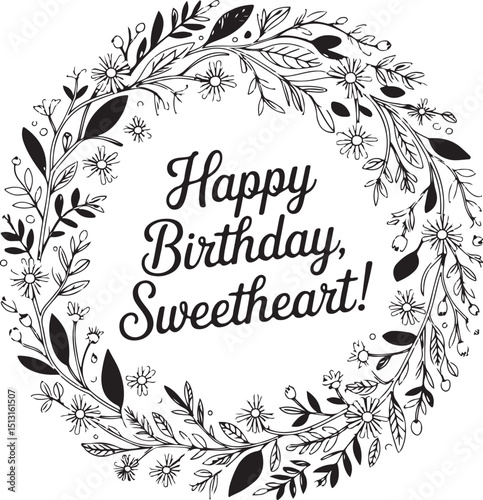 Elegant Floral Wreath with Happy Birthday Sweetheart Message

