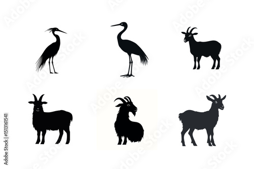 Silhouette collection of goats and cranes