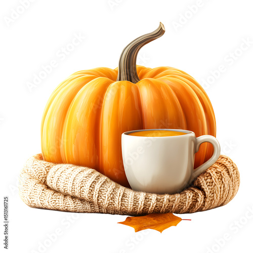 Pumpkin with Scarf and Hot Drink Isolated PNG