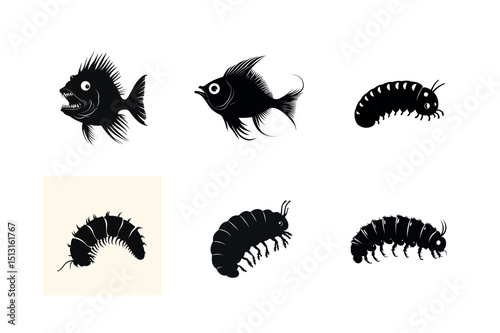 Silhouette illustrations of fish and insects