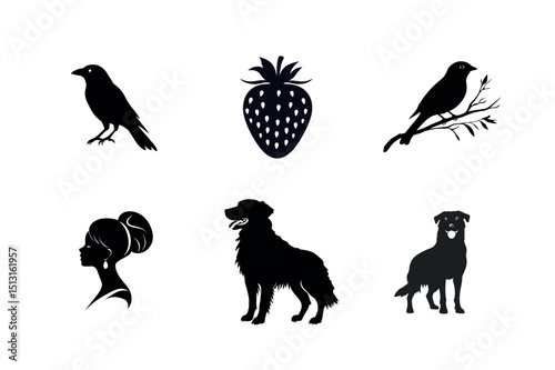 Six black silhouettes of animals and objects