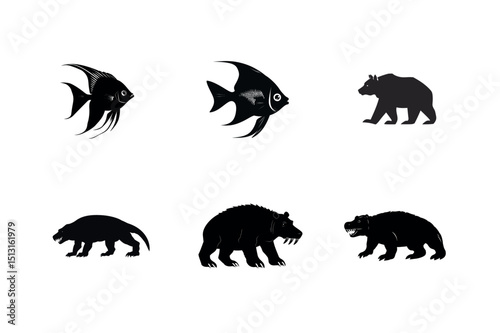Black silhouettes of angelfish bear and extinct mammals