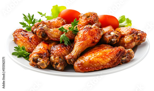 Delicious and appetizing plate of fried chicken wings with tomatoes and salad