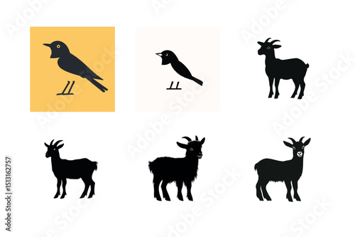 Silhouette illustrations of bird and goat