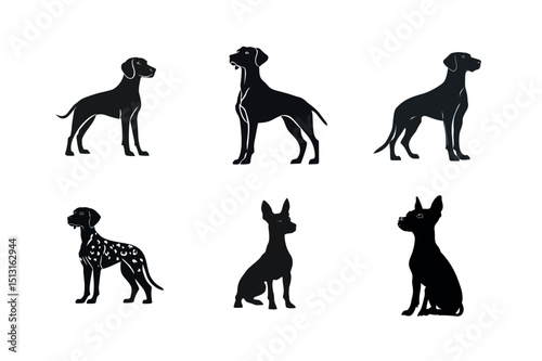 Six dog breed silhouettes standing and sitting