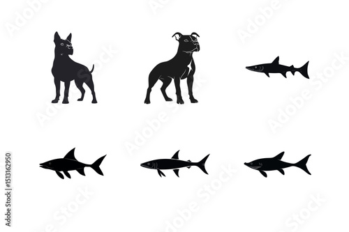 Silhouette set of dogs and fish