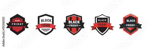 A vector set of vintage Black Friday emblem badges, labels, and retro signs with ribbons and shields for product sale tags or banners