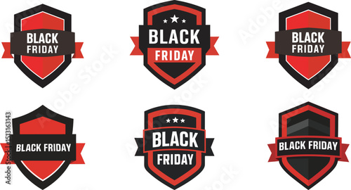 A vector set of vintage Black Friday emblem badges, labels, and retro signs with ribbons and shields for product sale tags or banners