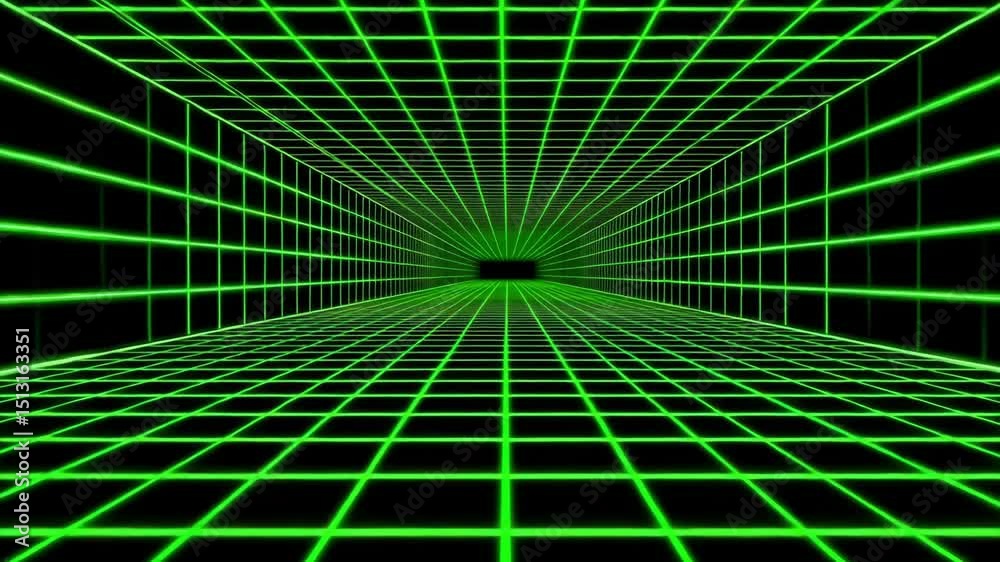 Futuristic digital green grid tunnel glowing with immersive glowing lines in virtual space