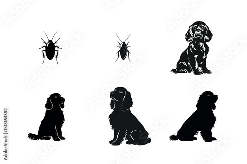 Cockerspaniel dog and cockroach silhouettes