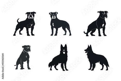 Silhouette collection of boxer and german shepherd dogs