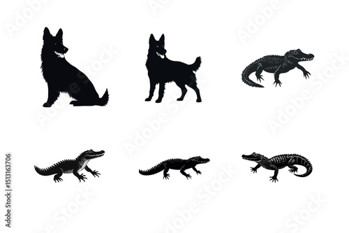 Silhouette set of german shepherd dog and alligator