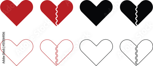Heartbreak icon set. Broken heart or divorce vector collection isolated on transparent background. Outline drawing broken red hearts line clipart breakup symbol for apps and websites