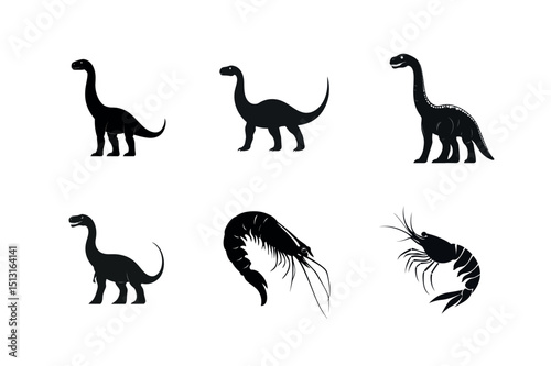 Silhouette set dinosaurs and shrimp illustrations