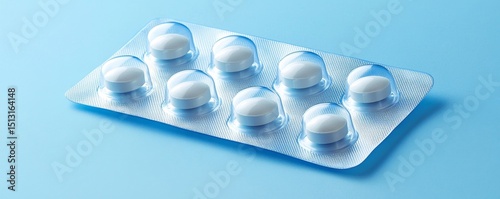 Blue-white antibiotic capsule pills and pill blister pack on blue background. Online pharmacy banner. World Health Day. Pharmaceutical industry. Prescription drugs. Antibiotic drug resistance