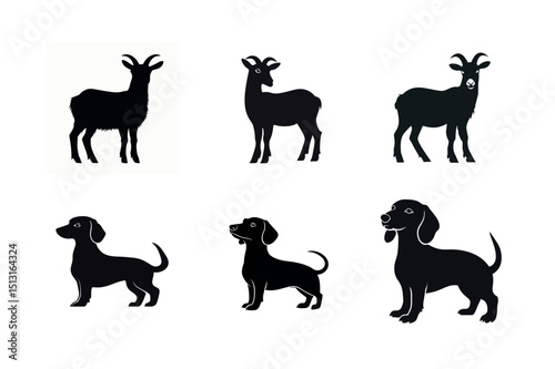 Silhouette set of goats and dachshunds