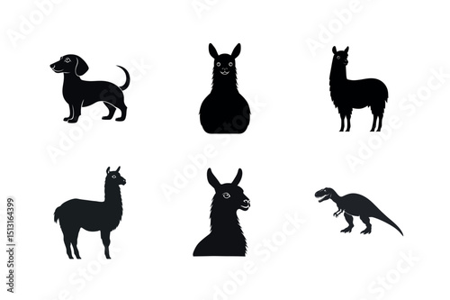 Silhouette icons of dog llama and dinosaur