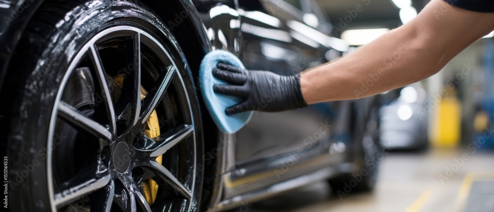 Fototapeta premium Man detailing black car with sponge and black gloves in auto detailing shop Concept of car care, car wash, and professional auto detailing