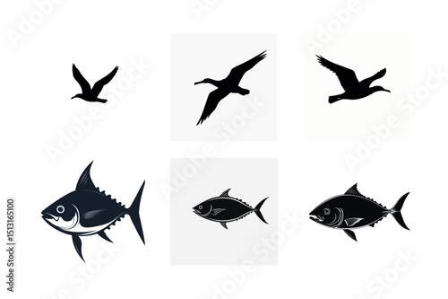 Silhouette set of tuna fish and birds in flight
