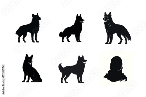 Six black silhouettes of german shepherd dogs