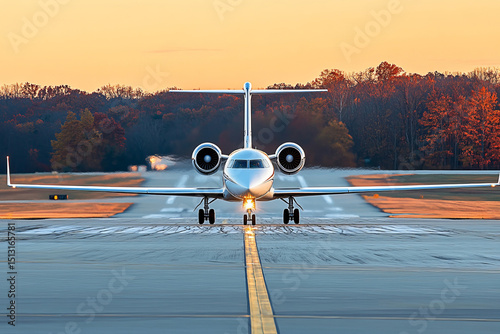 Private jet ready for takeoff on runway with autumn forest and golden sunrise in the background photo