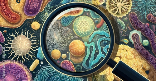A vibrant illustration of diverse microorganisms magnified under a lens, highlighting the intricate world of microscopic life forms and their various shapes.