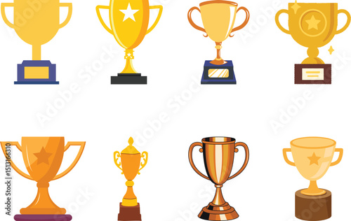 Trophy cup, award trophy with elegant handles, classic victory trophy for competition winners trophee, gold trophy cup icon. 