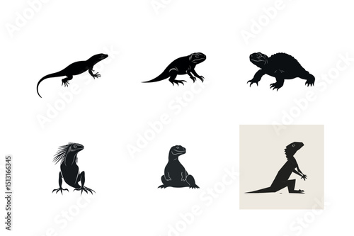 Six black silhouettes of lizards and iguanas