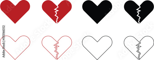 Heartbreak icon set. Broken heart or divorce vector collection isolated on transparent background. Outline drawing broken red hearts line clipart breakup symbol for apps and websites