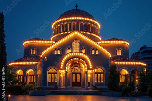 Orthodox church illuminated at night with golden lights and Byzantine architecture style photo