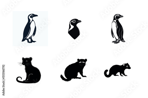 Penguin and binturong silhouettes animal set