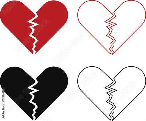 Heartbreak icon set. Broken heart or divorce vector collection isolated on transparent background. Outline drawing broken red hearts line clipart breakup symbol for apps and websites