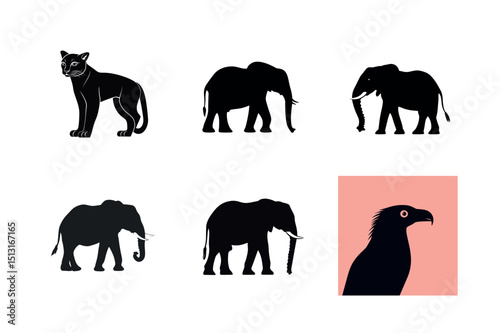 African wildlife silhouettes elephant and panther set