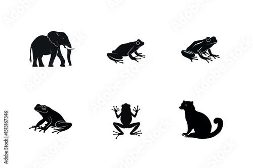 Silhouette set of elephant frog and lemur