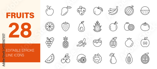 Fruits icon set. Containing apple, banana, orange, grape, strawberry, watermelon, coconut, avocado, lemon, pear, pineapple, kiwi, mango and more. Editable line icons. Vector illustration.