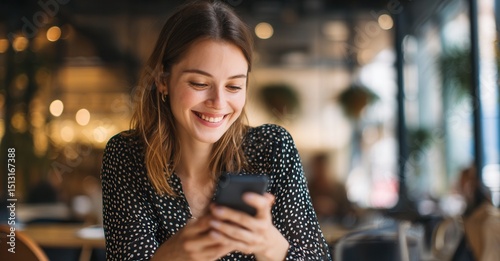 Smiling woman using smartphone in cafe, connecting with others and staying informed, enhancing social and personal relationships.