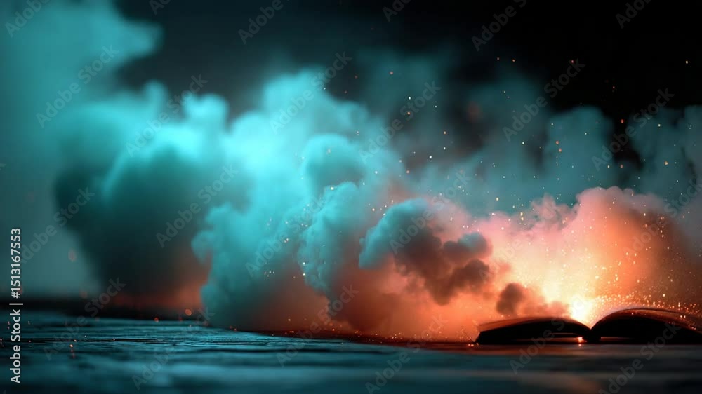 Mystical open book unleashing vibrant orange light with smoky teal blue effects