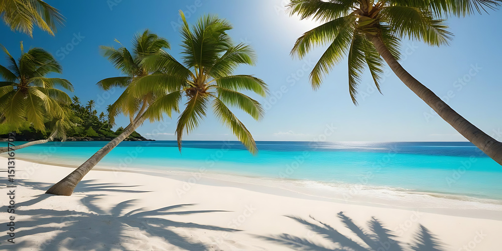 Fototapeta premium Serene Beach with Palm Trees, White Sand, and Turquoise Waters Under Bright Blue Sky