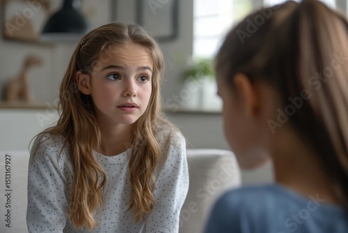 Young woman child psychologist chatting with preteen girl, distressed kid preschooler visiting psychotherapist at clinic, feeling annoyed and reserved