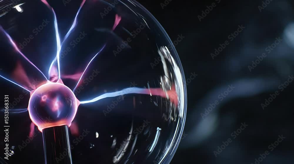  A detailed close-up of a plasma globe with electric pink and blue light streams radiating from the center against a dark background in vivid high resolution