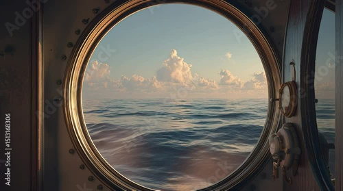 A clear view of the open sea and fluffy clouds during golden hour seen through a ship’s round metal porthole with a sense of motion and isolation