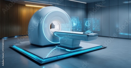 Advanced MRI scanner technology for medical imaging and diagnostics, with digital interfaces showing anatomical scans.