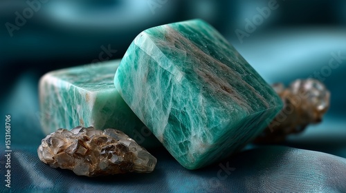 Polished amazonite on a soft teal backdrop, calming green-blue tones, elegant gem close-up photo