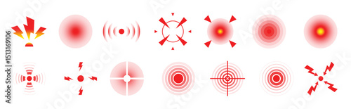 Circles symbols of pain. Red circles for marking human pain. Head toothache muscular menstrual joint pain, hurt body part marker. Pain localization mark. Health problem, pain and injury on human body