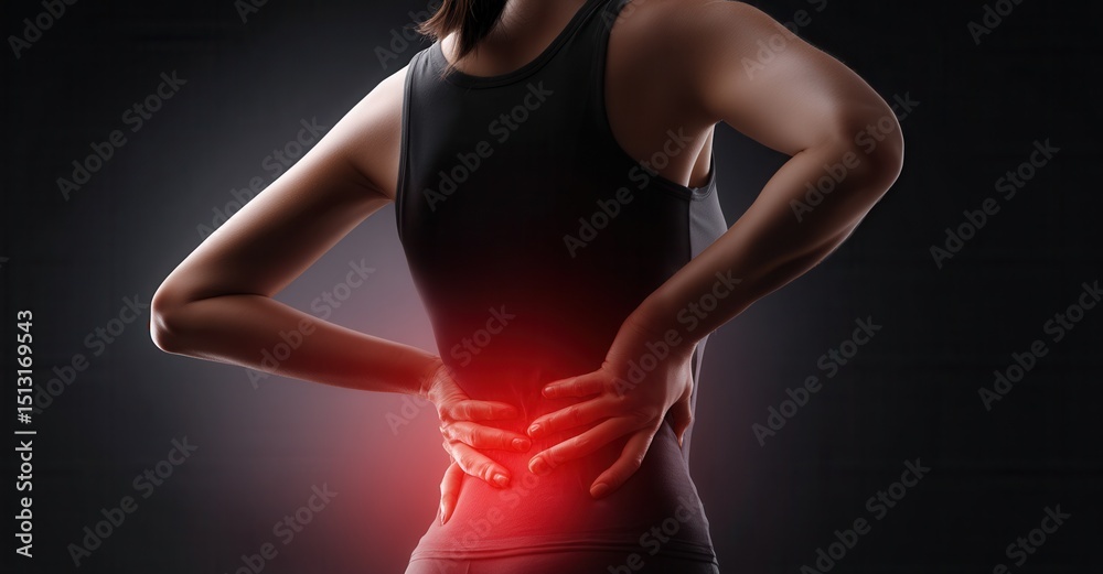 Naklejka premium Woman experiences lower back pain, holding her back for relief. Bright red highlights the area of discomfort against a dark backdrop.