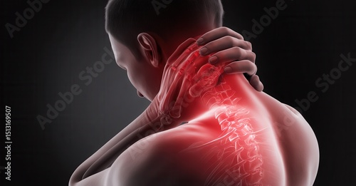 Man experiencing neck pain and discomfort, highlighting potential health issues. Tension and discomfort are noticeable in neck and shoulder area.