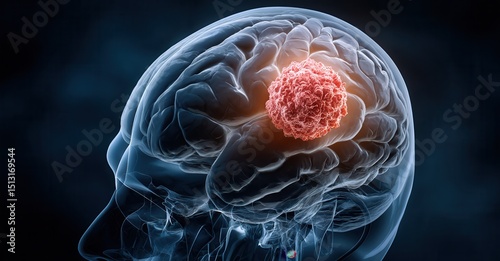 Anatomical view of a transparent skull with a red tumor growth inside the brain, showing concept for health and medicine.